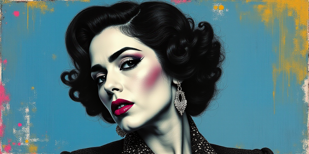 a woman in black and white with a blue background and a blue and yellow background with a black and