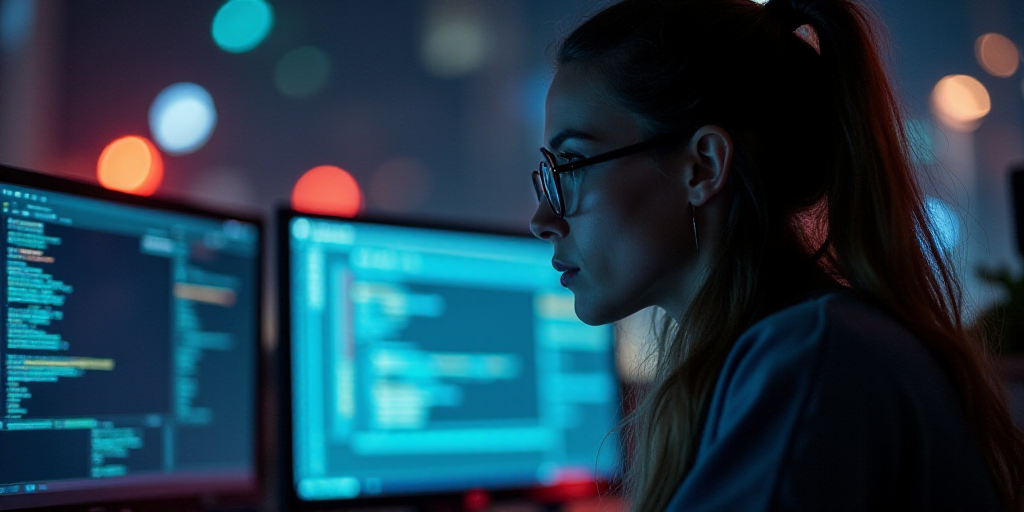 a woman in glasses is looking at a computer screen at night with boke of lights in the background, B