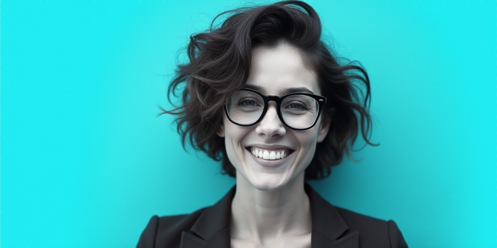 a woman in glasses is smiling for the camera with a blue background and a black and white photo of h