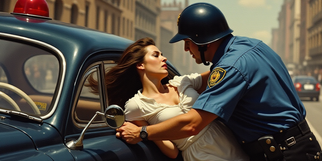 a woman is being dragged away from a police car by a cop officer in a blue shirt and helmet, Elbridg