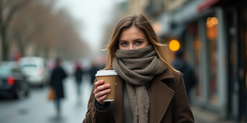 a woman is covering her face with a scarf and a coffee cup in her hand while walking down the street