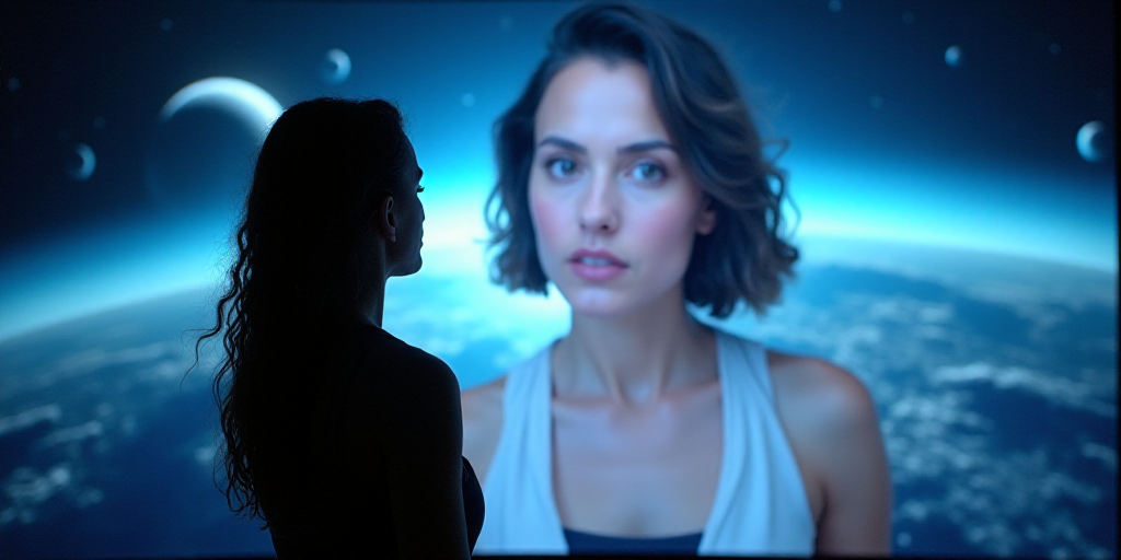 a woman is on a screen in front of a space background with a picture of the earth and a space shuttl