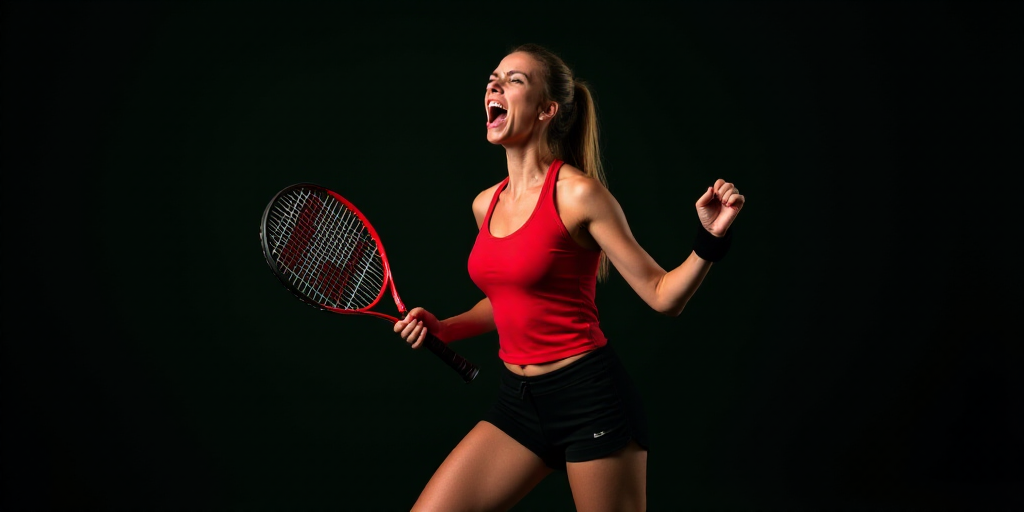 a woman is screaming while holding a tennis racket in her hand and wearing a red top and black short