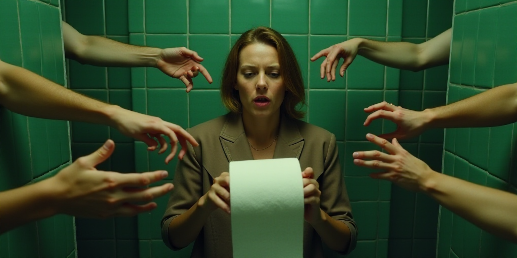 a woman is surrounded by hands reaching for a toilet paper roll in a bathroom with a green tile wall