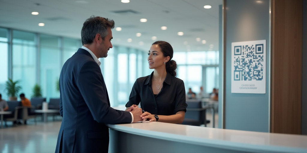 a woman is talking to a man at a reception desk in an airport lobby with a qr code on the wall, Áng