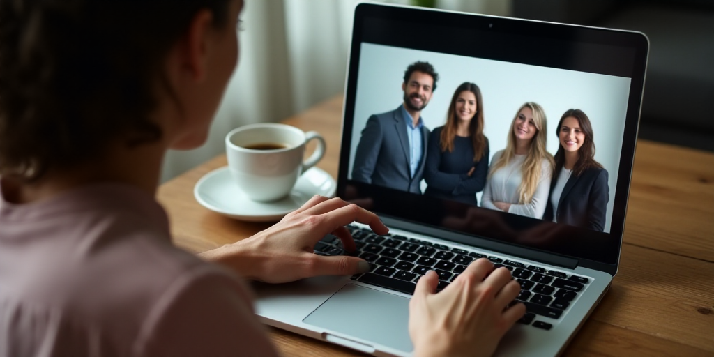a woman is using a laptop to see a group of people on the screen and a cup of coffee, Art & Language