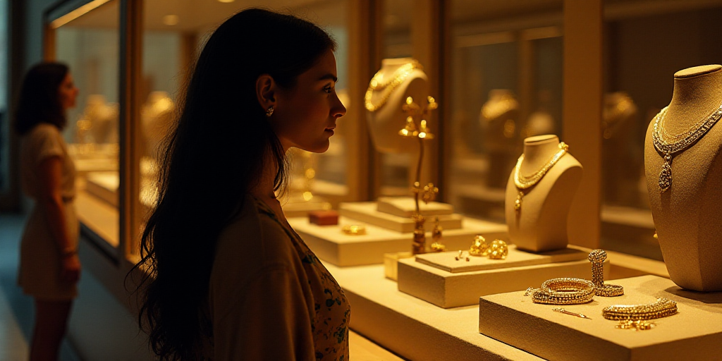 a woman looking at a display of gold jewelry in a store window with a woman looking at it in the bac