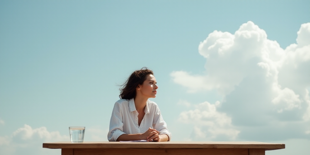 a woman sitting at a table with a wooden table top and a sky background with clouds in the sky, Bett