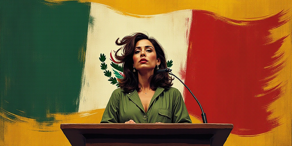 a woman standing at a podium in front of flags of mexico and mexico, with a microphone in front of h