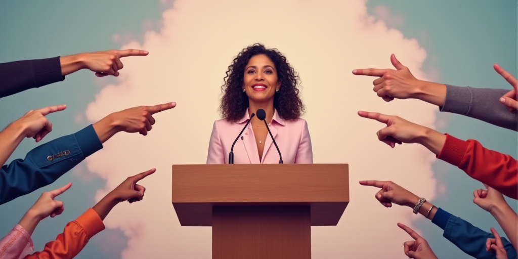 a woman standing at a podium surrounded by hands pointing at her and pointing at a podium with a mic