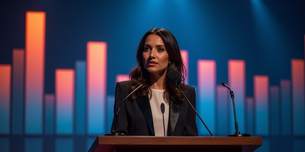 a woman standing at a podium with a microphone in front of a bar chart and a bar chart behind her, A
