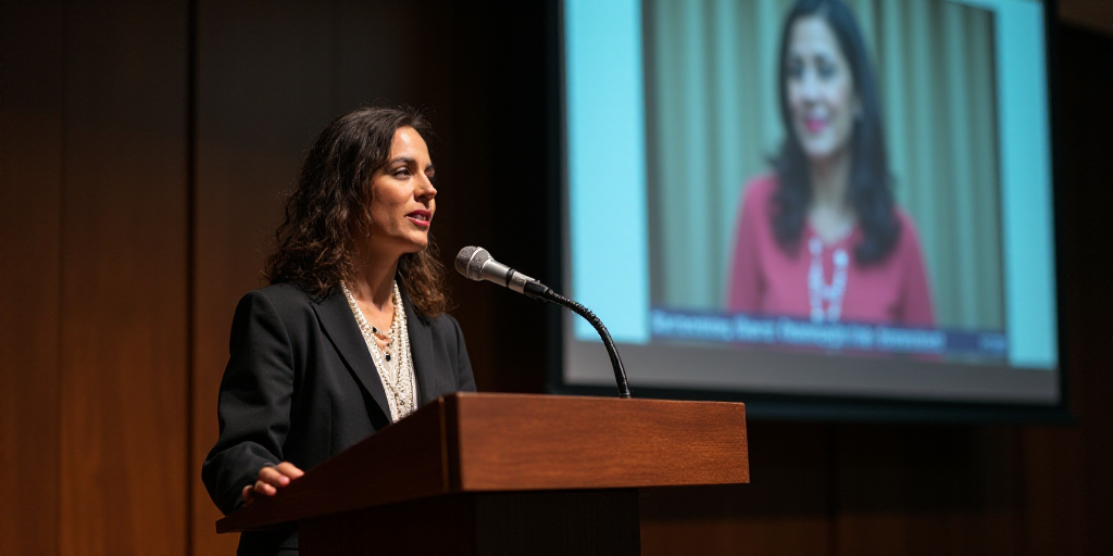 a woman standing at a podium with a microphone in front of her and a screen behind her with a pictur