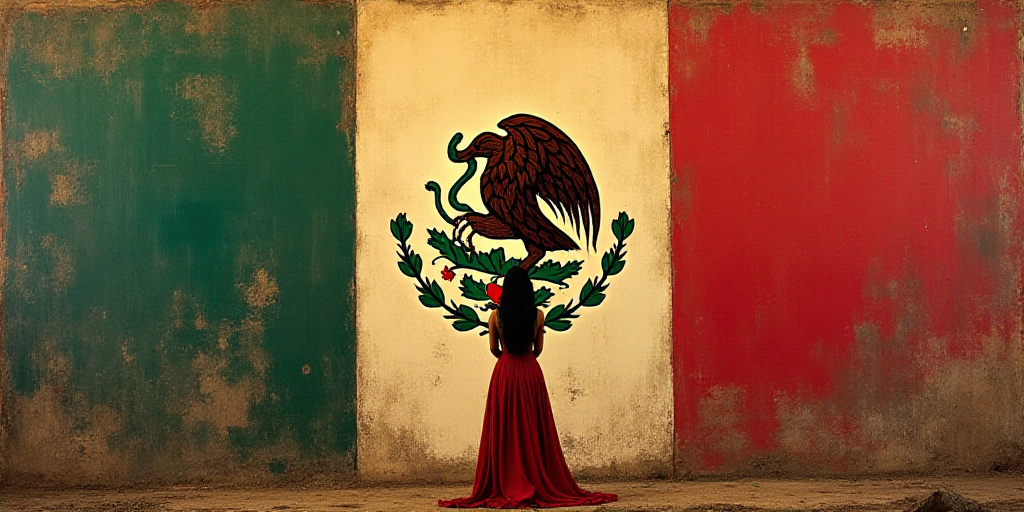 a woman standing in front of a flag and a picture of a woman in mexico behind her is a woman with a