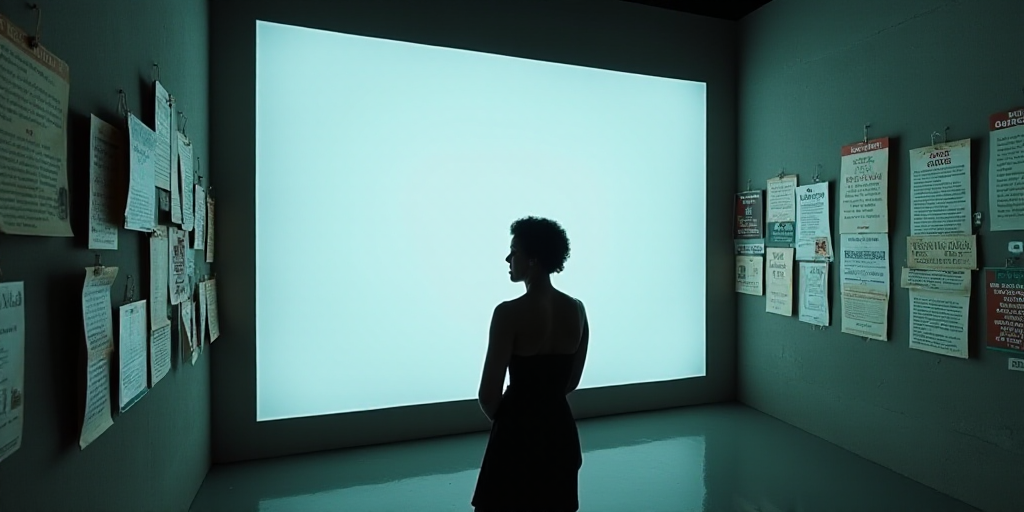 a woman standing in front of a large screen with a lot of signs behind her on it's side, Anne Rigney