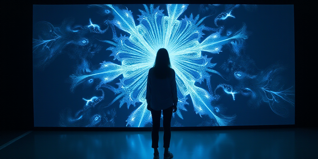 a woman standing in front of a fractal sign in a dark room with a blue background and a white logo,