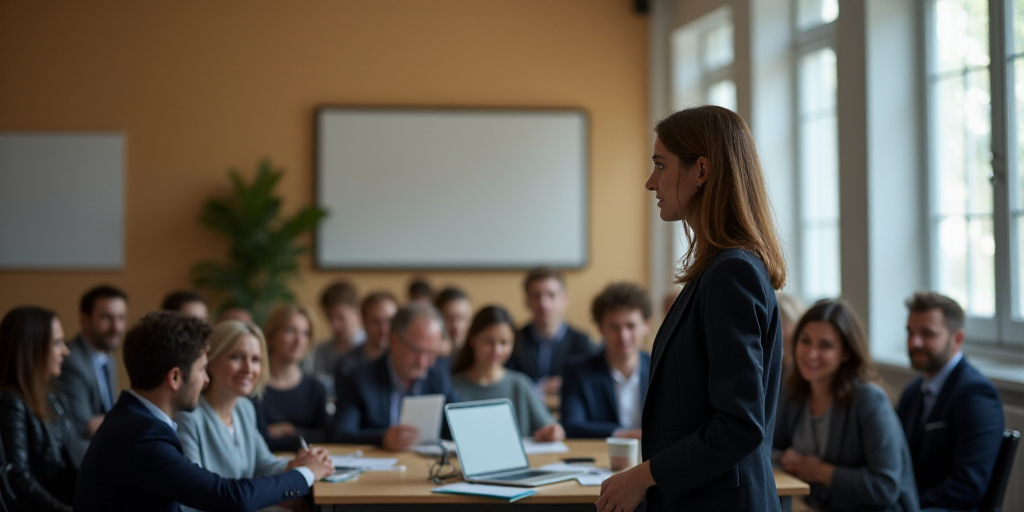 a woman standing in front of a group of people in a room with a laptop computer on a desk, Enguerran