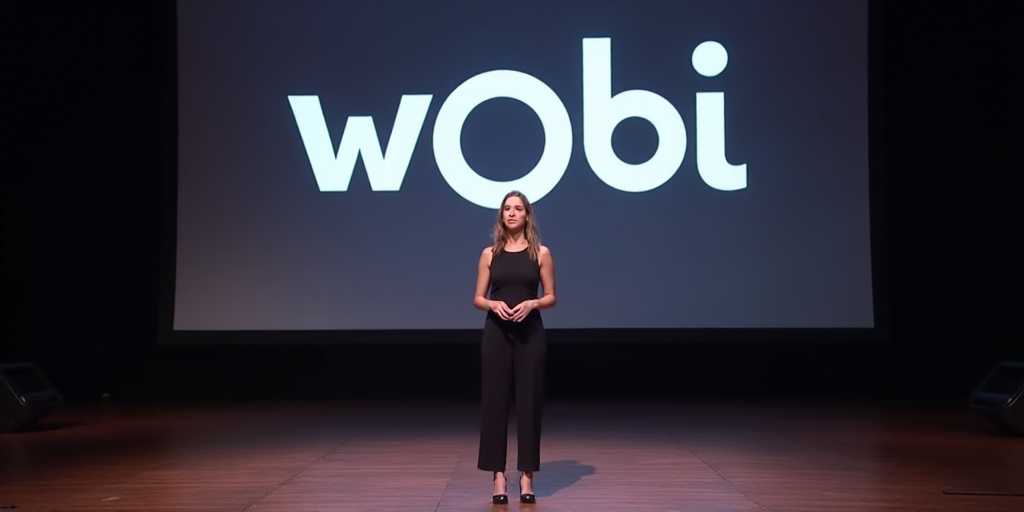 a woman standing on a stage in front of a large screen with a logo on it that says wobi, Ceferí Oli