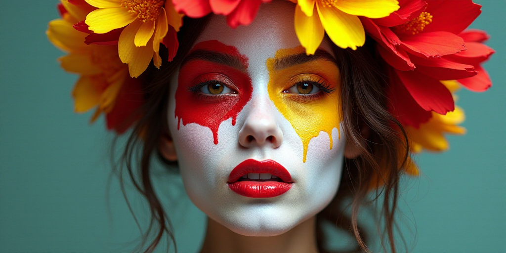 a woman with a colorful flower in her hair and face painted in white and red and yellow, with a flow