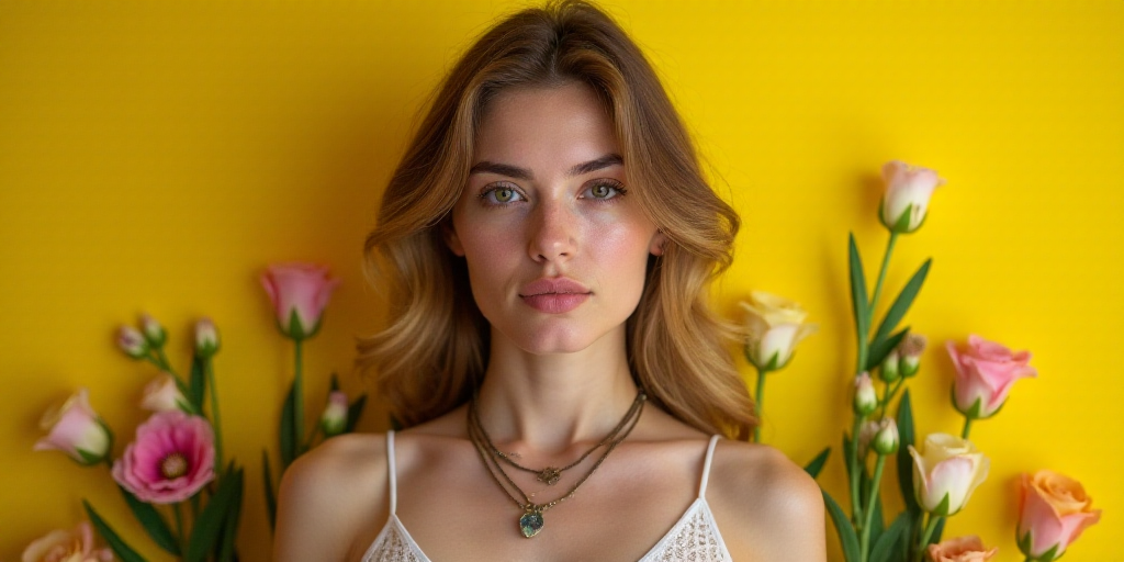a woman with a necklace on her neck posing for a picture in front of a yellow wall with flowers, Bra