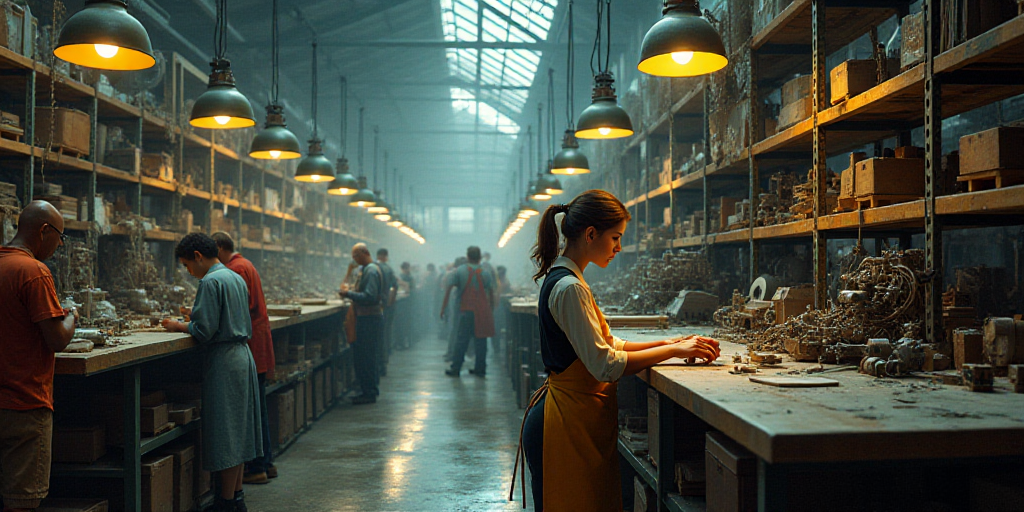 a woman working in a factory with lots of shelves and tools on the shelves and people in the backgro