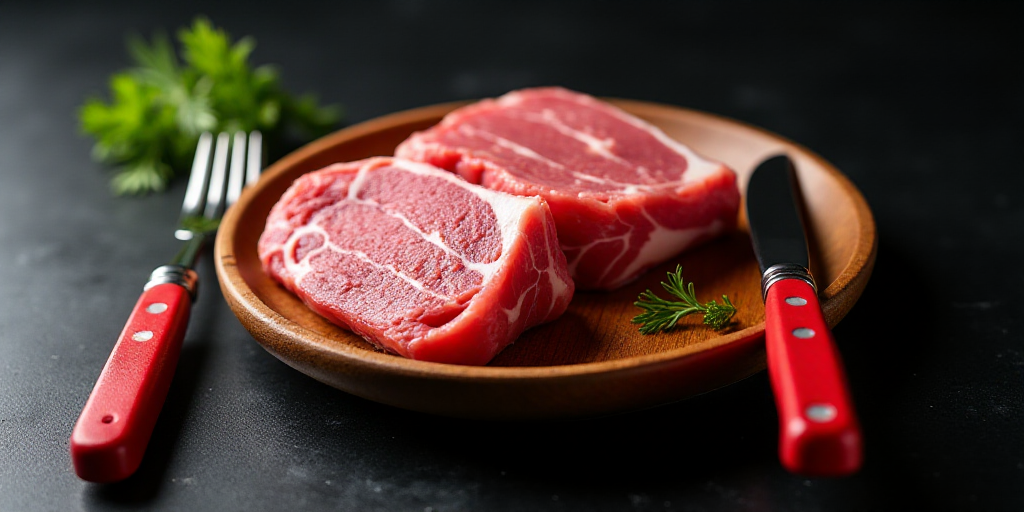 a wooden plate with raw meat on it next to a fork and knife on a black surface with a red fork, Clov