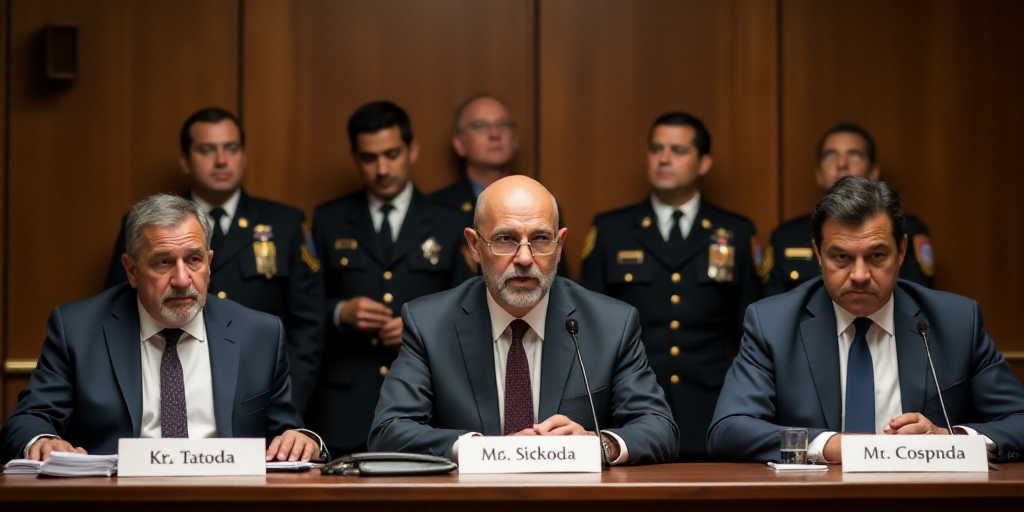 three men sitting at a table with microphones in front of them and two men in uniform behind them, C