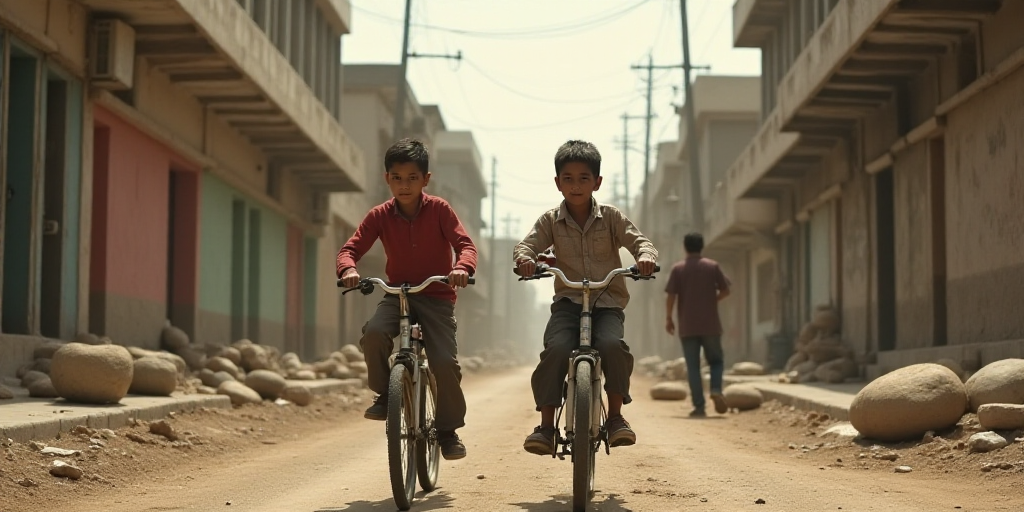 two boys riding a bike in a dirty street with a building in the background and a person walking on t