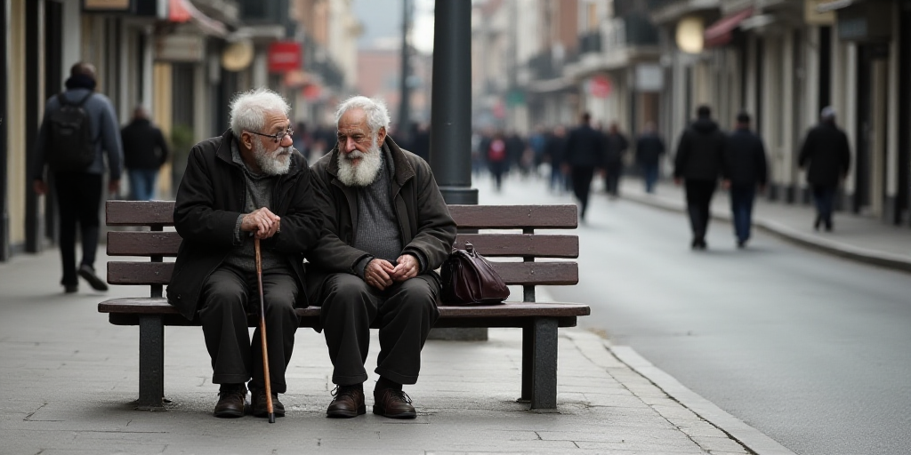 two elderly men sitting on a bench on a city street, one of them holding a cane and the other holdin