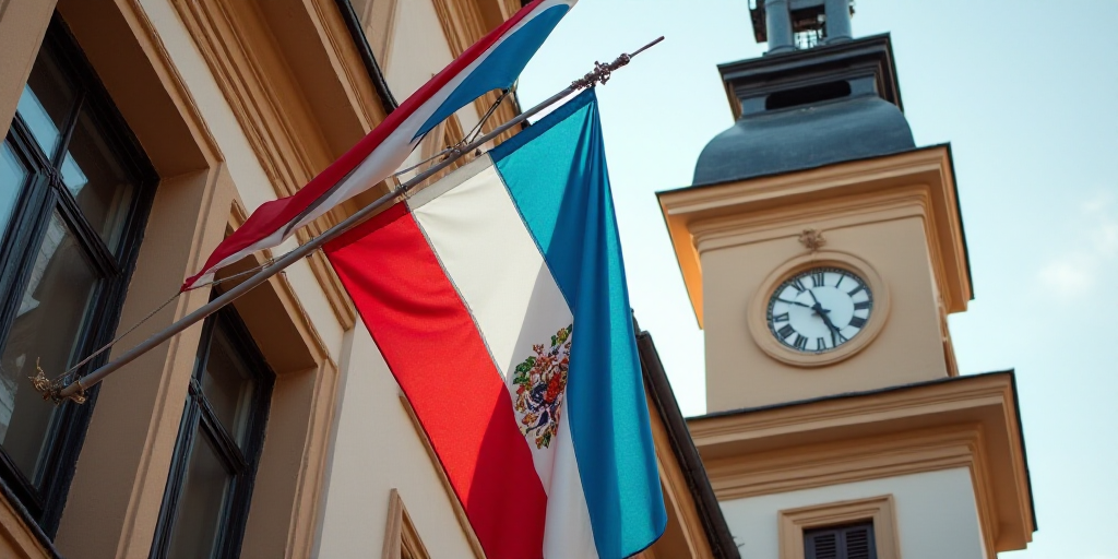 two flags are hanging from a building with a clock on it's side and a flag on the other side, Aquira