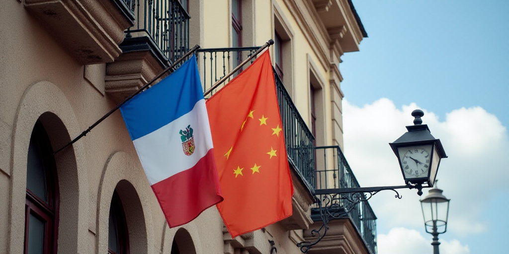 two flags are hanging from a building with a clock on it's side and a flag on the other side, Aquira
