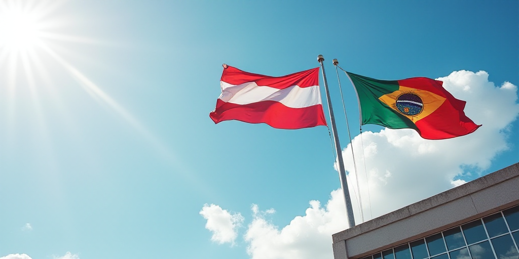two flags flying in the wind in front of a building with a sky background and a sky background with