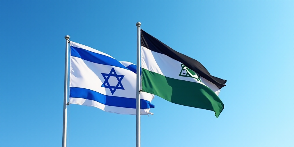 two flags flying in the wind with a blue sky in the background and a white and black one with a gree