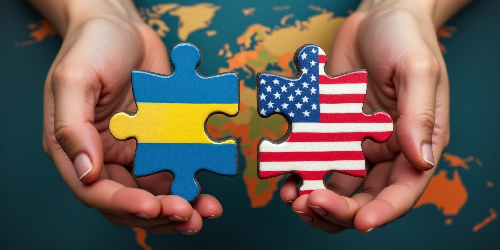 two hands holding puzzle pieces with the flags of the world and the united states on them, with a ma