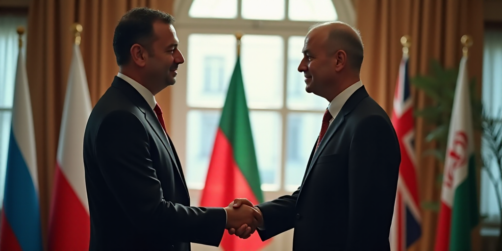 two men shaking hands in front of flags and a flag hanging in the background of a room with a window