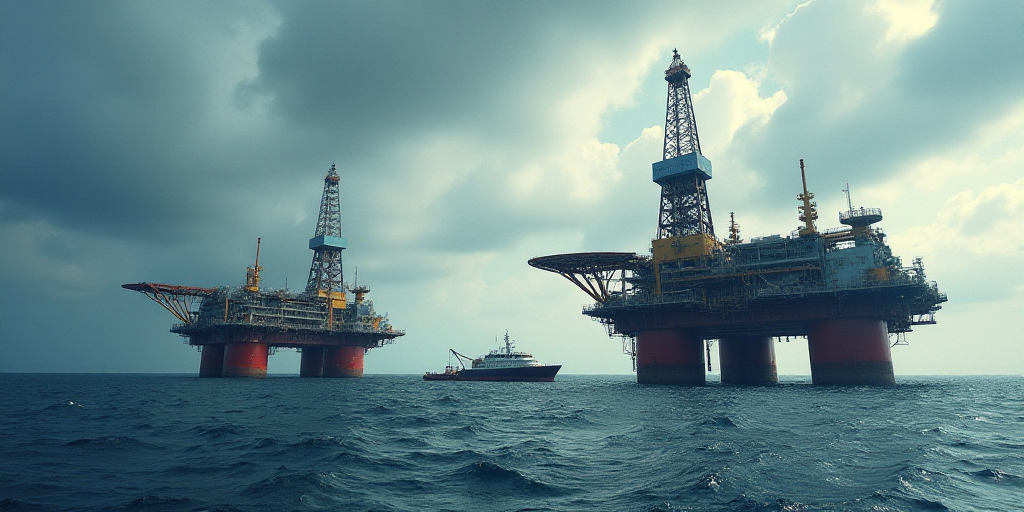 two oil rigs in the middle of the ocean with a cloudy sky above them and a boat in the water, Bascov