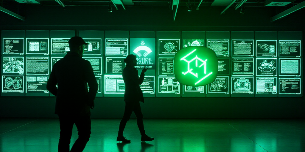 two people walking past a display of various computer screens and information on a wall in a buildin