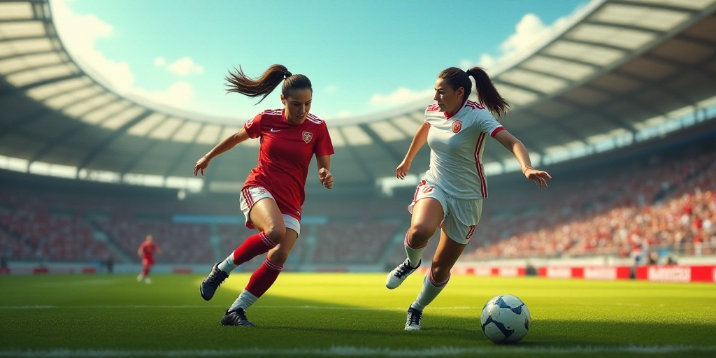 two women playing soccer on a field with a crowd watching them from the stands and a stadium full of