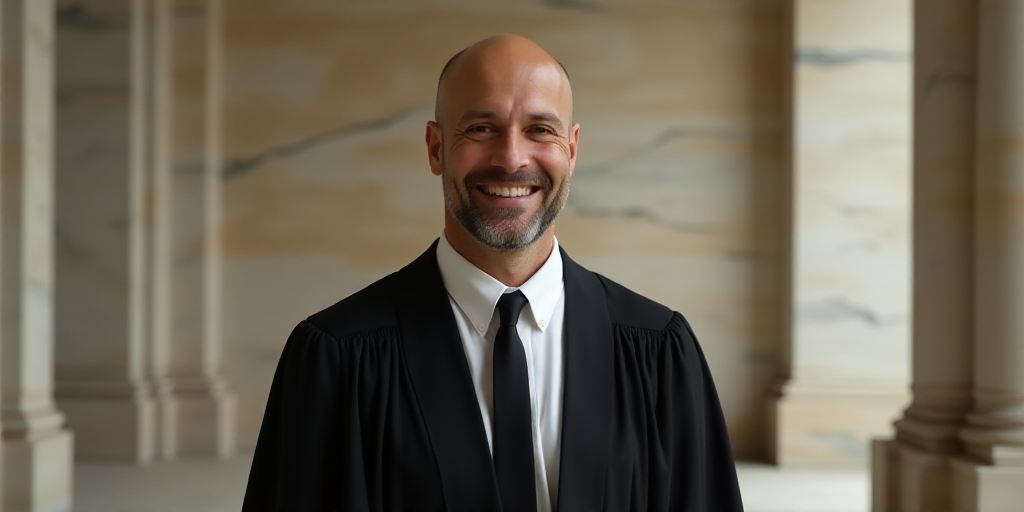 a bald man in a black robe and a white shirt and tie is smiling at the camera with a marble wall beh