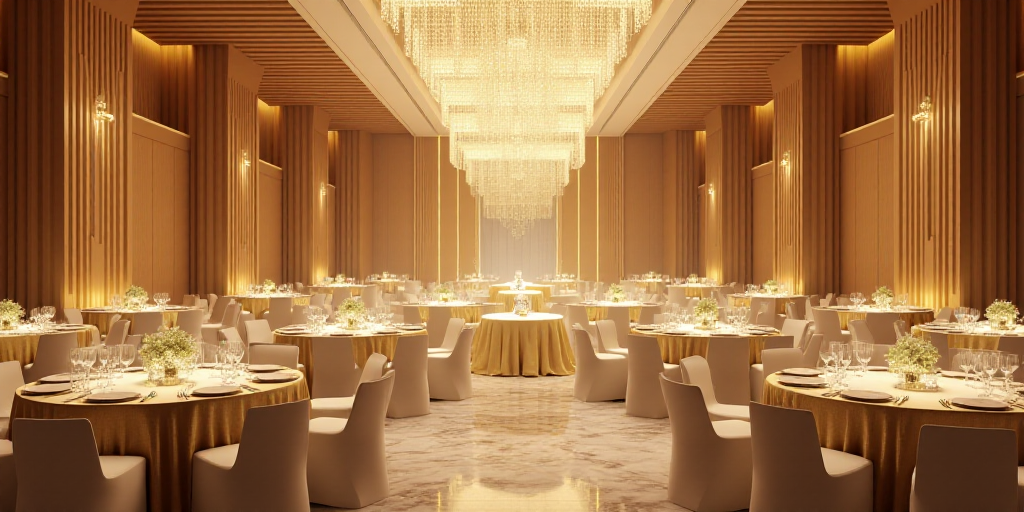 a banquet hall with a chandelier and tables set for a formal function with white linens and gold tab