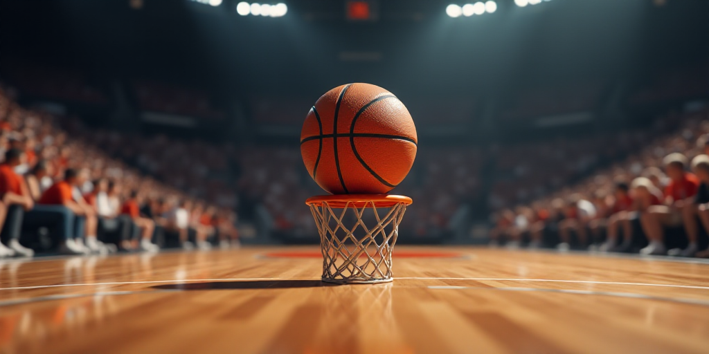 a basketball sitting on top of a basketball stand in a basketball court with a crowd watching it fro