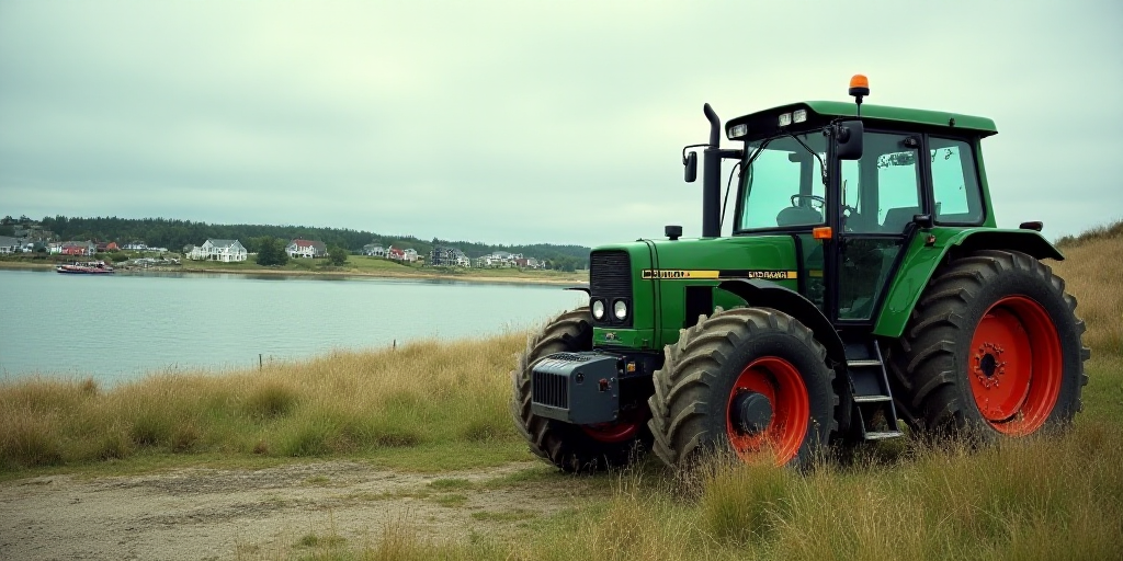 a beach town with a tractor parked in front of it and a body of water in the background with houses
