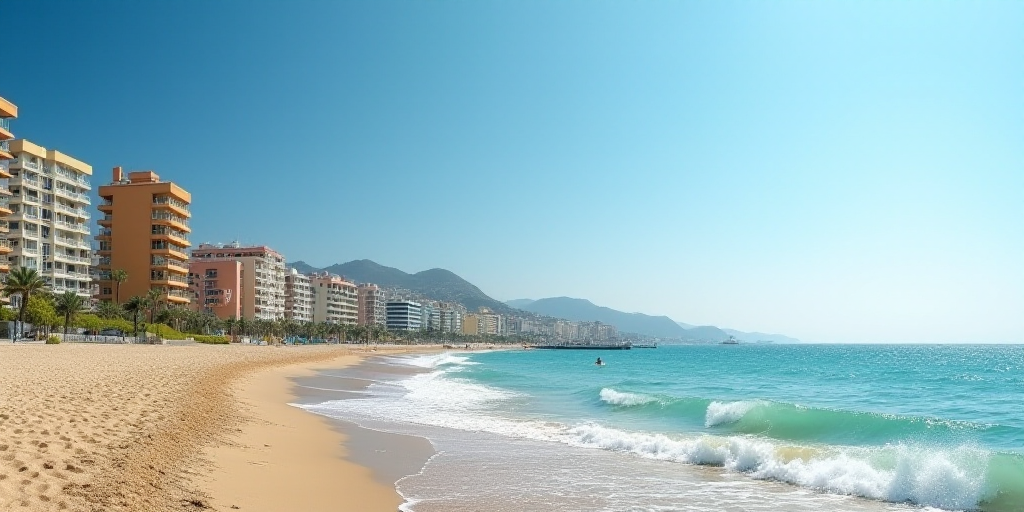 a beach with a bunch of buildings next to it and a body of water in the background with a blue sky,
