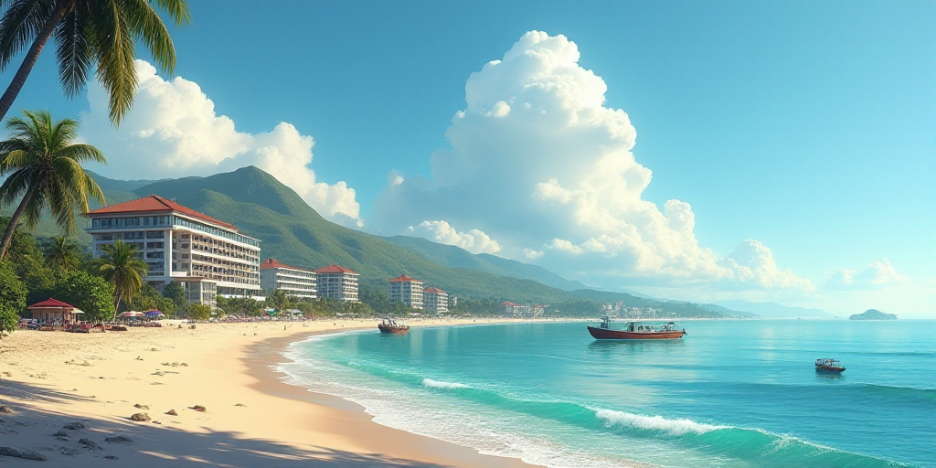 a beach with a bunch of buildings next to it and a body of water in the background with a few boats