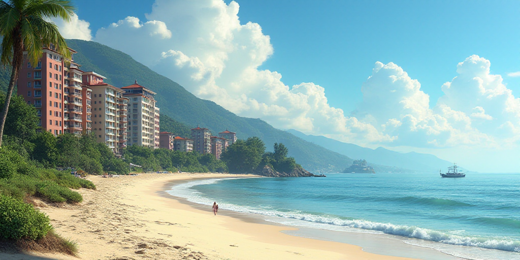 a beach with a bunch of buildings next to it and a body of water in the background with a few boats