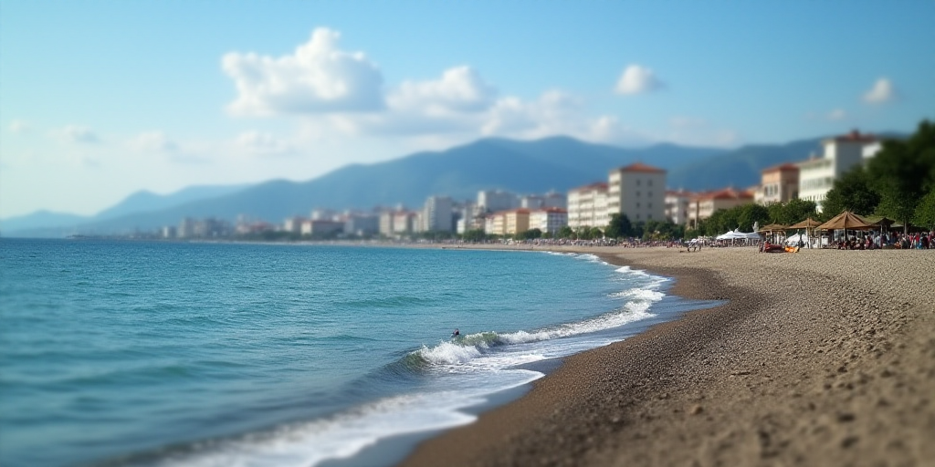 a beach with a city in the background and a body of water in the foreground with buildings on the sh