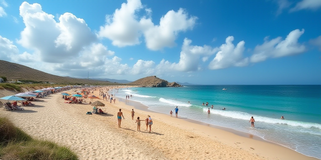 a beach with a lot of people on it and some water and sand and some umbrellas and people in the wate