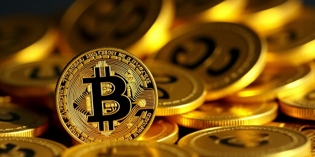 a bitcoin is shown in front of a pile of gold bitcoins in this picture illustration, Beeple, gold, a