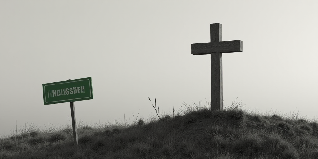 a black and white photo of a cross on a hill with a green sign that reads unclasssted, Beeple, cgi,
