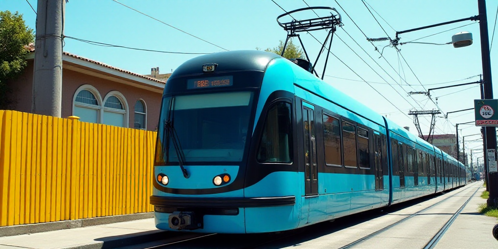 a blue and black train traveling down a street next to a yellow fence and power lines and a blue cab