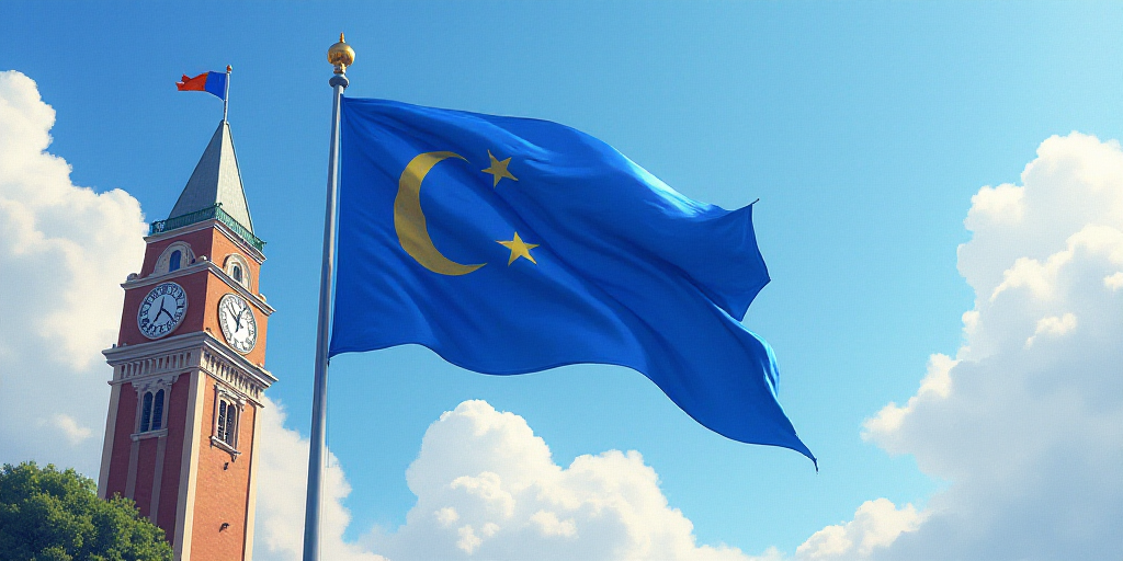 a blue flag flying in front of a tall building with a clock tower in the background and a flag on a